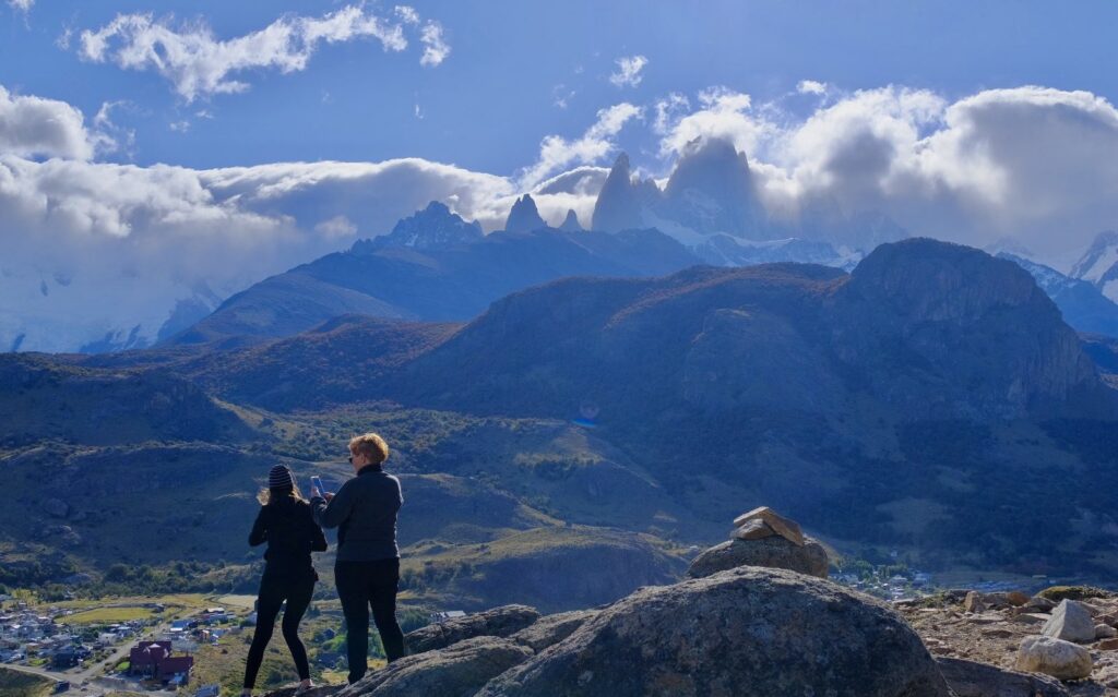 Travelers facing Fitz Roy, Patagonia