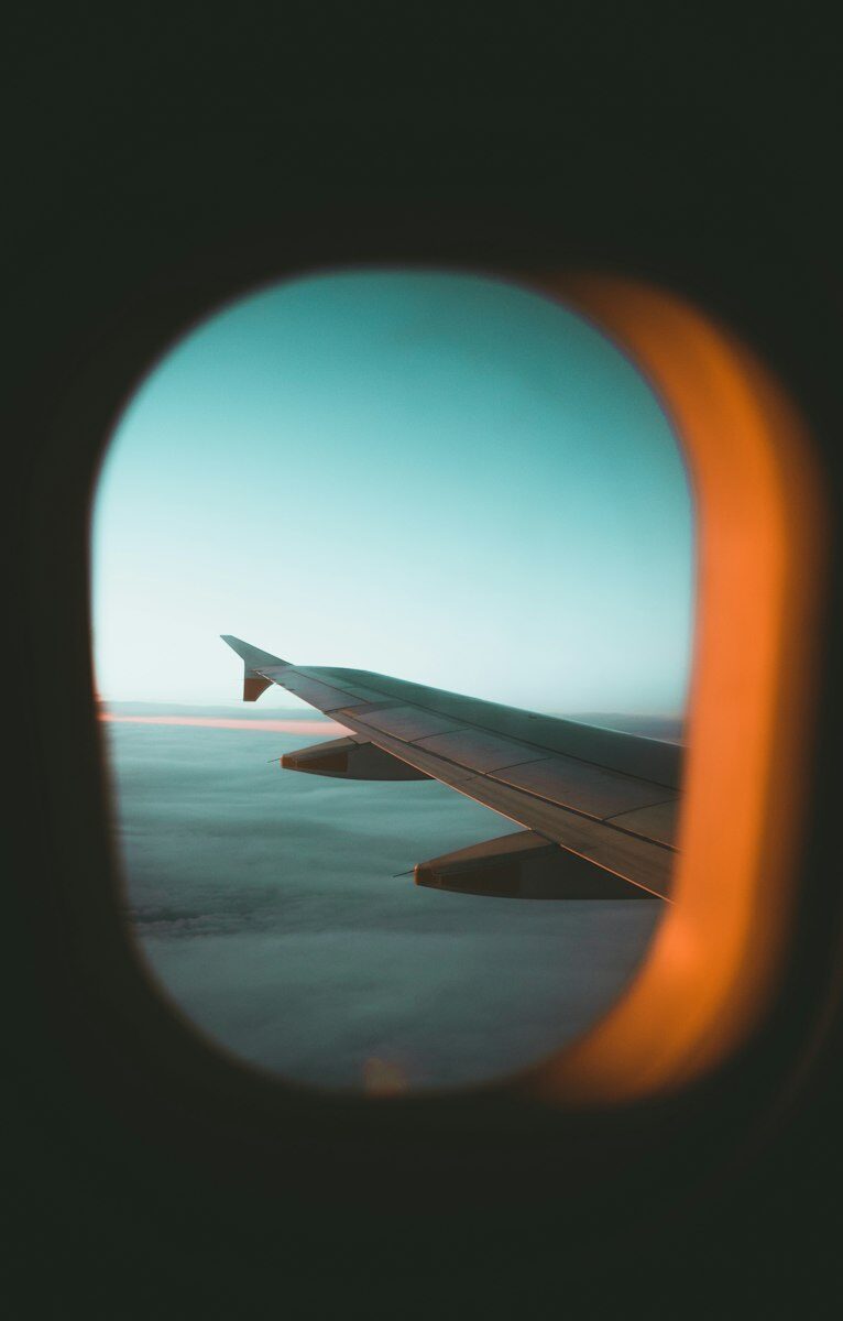 Airplane wing through a window